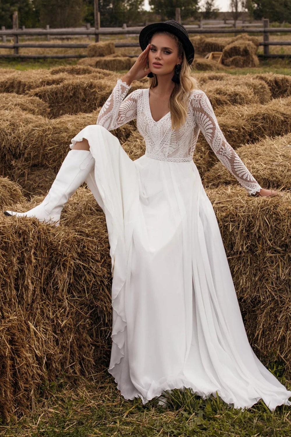 Robe de Mariée Bohème Manches Dentelle